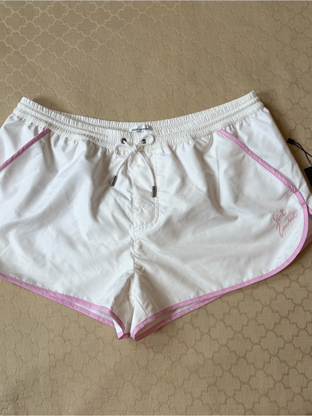 Saint Laurent S21 Embroidered Matiere Swim Shorts Blanc White/Rose Pink Men’s XL